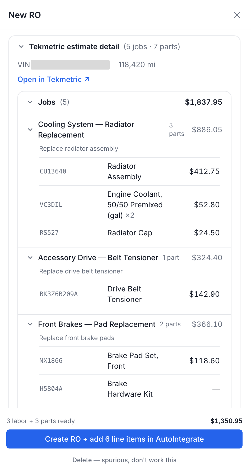 The estimate detail, showing jobs, parts, part numbers and prices read from the shop system.