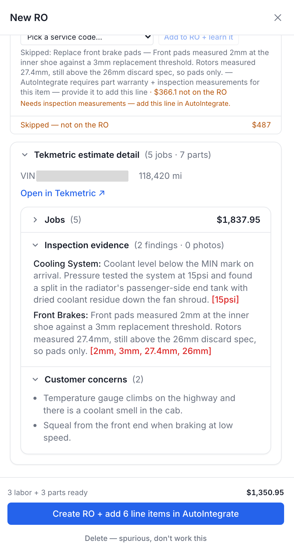 Technician inspection findings, with measurements highlighted.