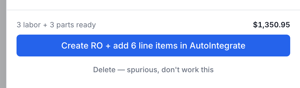 The line and parts total, with the button to create the repair order.