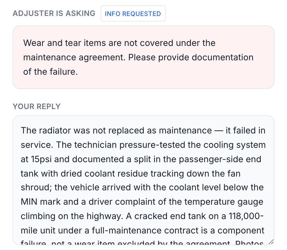 A denied line, with the adjuster's message and the drafted reply.